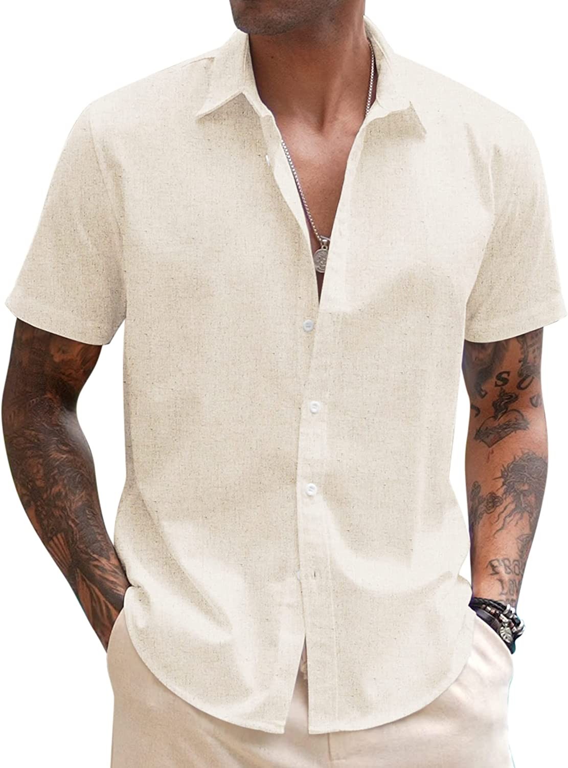 COOFANDY Men's Linen Casual Short Sleeve Shirts Button Down Summer Beach Shirt